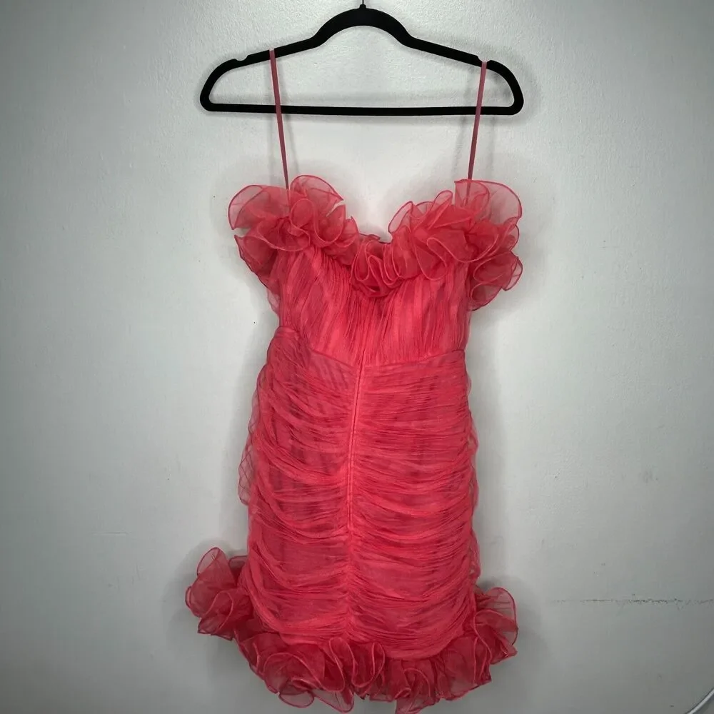 ASOS Design Red Bodycon Ruffle Mesh Bandeau Neck Strapless Mini Dress 4 - Picture 5 of 13